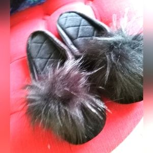 INC BLACK VELVET MARABOU POOF SLIPPERS NEW!